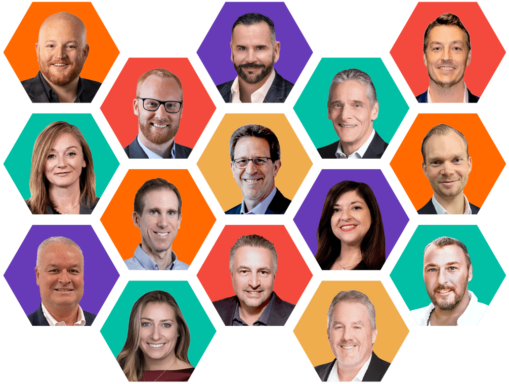 An interlocking grid of colored hexagons with the faces of Bugcrowd's leadership team inside.