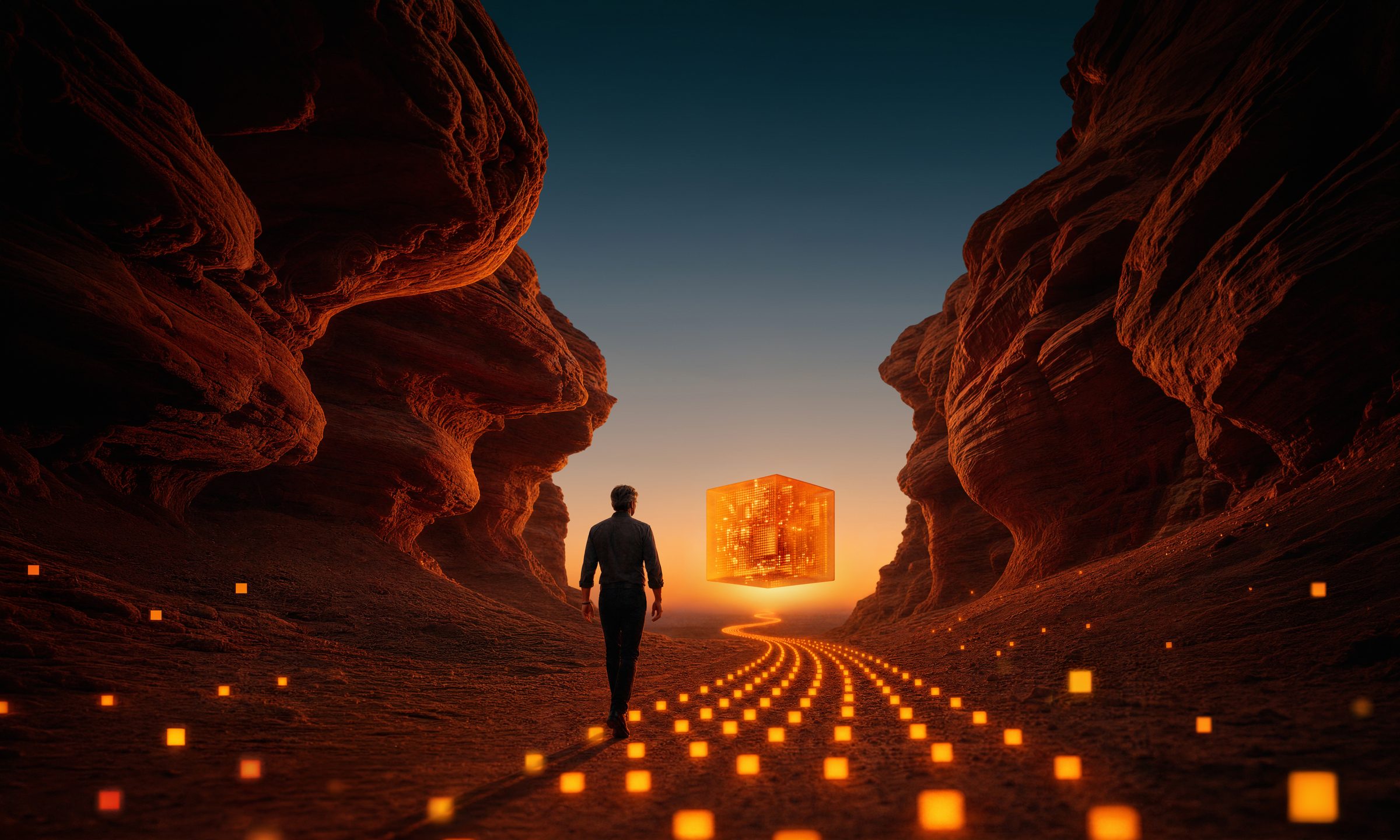 A man in a dark suit walks a path of glowing orange lights through a sandstone canyon at sunrise, toward a translucent orange cube floating above the valley