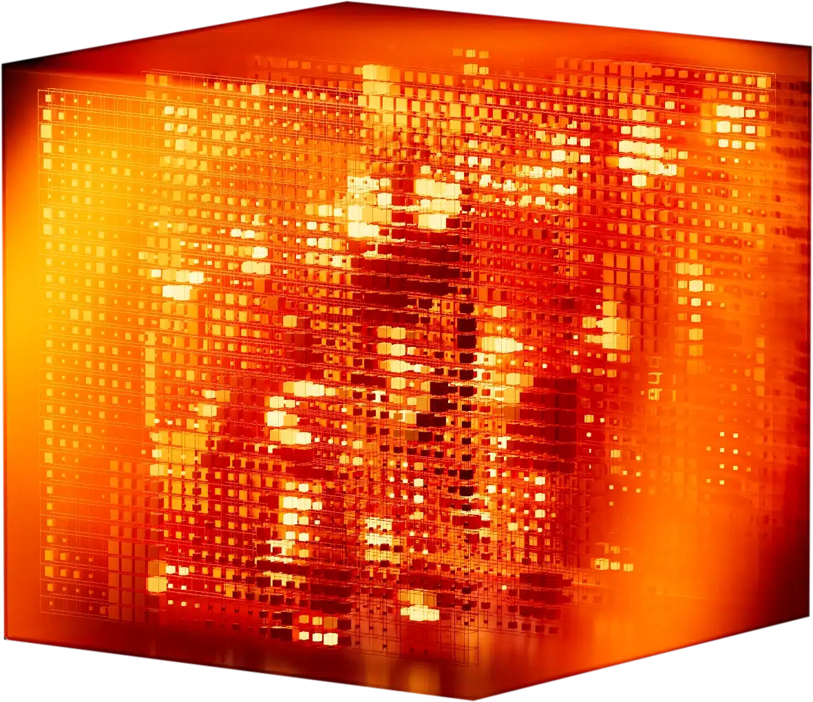 Savant, rendered as a translucent orange cube built from layers of signal